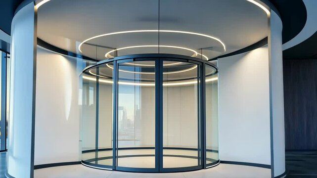 A modern, circular revolving door with a view of the city skyline in the background