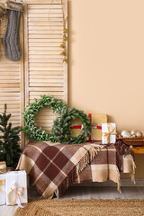 Table with wreaths decorated for Christmas celebration