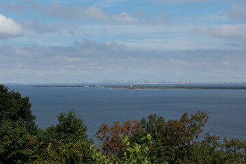 A view across the bay toward Sandy Hook and the New York City skyline. Photo taken from the Mt. Mitchell Scenic Overlook.