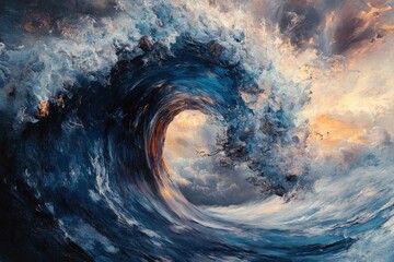 Fototapeta premium A dramatic, abstract painting of a massive wave breaking in a blue, white, and orange sky.