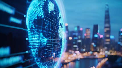 A sprawling cityscape along a waterfront is overlaid with holographic digital elements, representing global networks and technological advancements. Transparent interfaces display