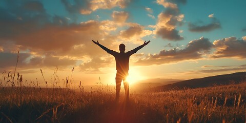 Silhouette of a man standing with arms outstretched, watching a sunrise or sunset