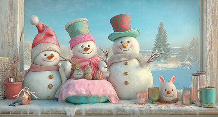 Funny snowmen on the windowsill.