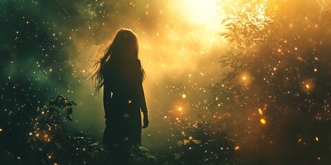 Naklejka premium Silhouette of woman in mystical forest with glowing lights