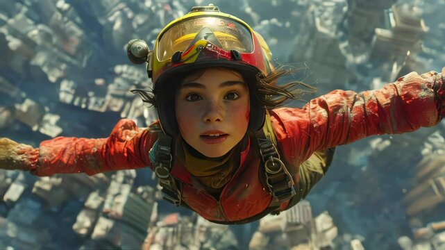 The girl is flying in the sky. She is dressed in a red jacket and helmet