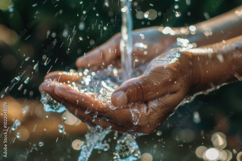 Poster water flows over hands in a natural environment, highlighting the importance of hygiene and cleanlin