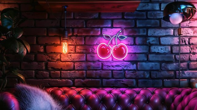 A neon cherry sign is illuminated on a brick wall in a vintage style room. Zoom in.