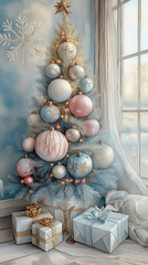 Christmas tree and gifts by the window.