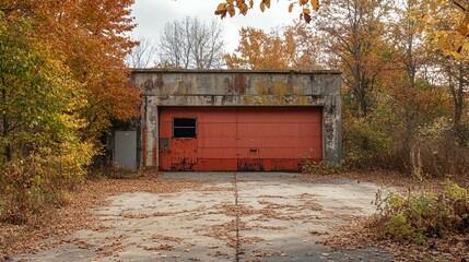 A red garage with a window and a door. The garage is empty and has a lot of leaves on the ground