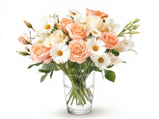 Fototapeta premium A beautiful arrangement of pastel flowers in a clear vase, ideal for decoration or as a thoughtful gift for any occasion.
