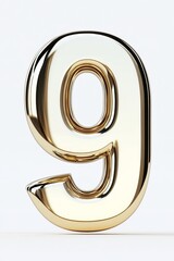 The number 9 has a sleek metallic 3D finish in front view, gleaming with glossy reflections, symbolizing strength and reliability, and is free of shadows for business presentations.