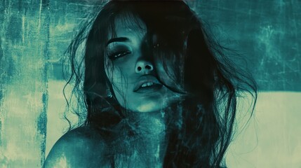 Fototapeta premium Close-up portrait of a woman with long hair in a blue toned lighting.