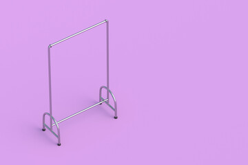 Metallic clothing rack on pink background. Stand hanger. Equipment for wardrobe. Copy space. 3d render