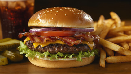 juicy hamburger with french fries, cola and pickles