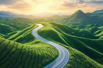 Beautiful road through the green tea plantation in the mountains