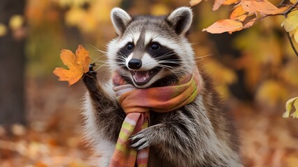 Fototapeta premium Raccoon with scarf, playing with leaf in colorful autumn forest