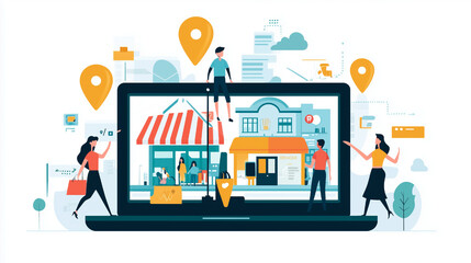 location pins and map with shop buildings