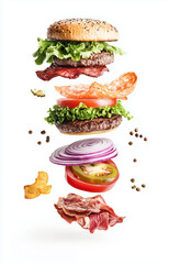 Flying cheesburger ingredients on white background