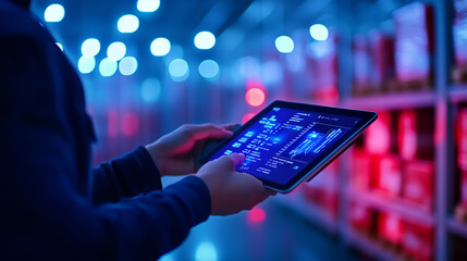 A worker scans packages in a high-tech warehouse, with a tablet showing supply chain data in real-time. The visual focus is on the workerâs hand holding the scanner and the detaile