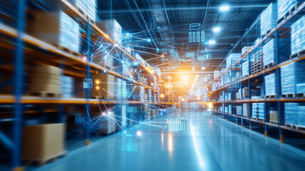 A high-tech warehouse showcases how global supply chains are interconnected through digital systems. The holographic display of transportation, shipping, and logistics icons emphas