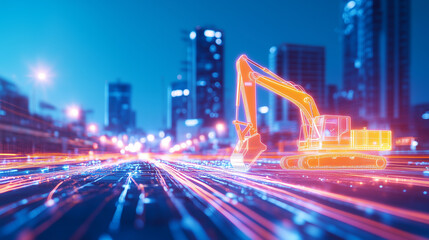 Fototapeta premium A blurred backdrop of heavy machinery in action is enhanced by a futuristic digital interface that tracks operational metrics, energy consumption, and machine health. Smart constru