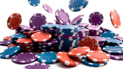 a collection of poker chips in various colors, including red, blue, purple, and orange. Some of the chips are stacked in a pile, while others appear to be falling or floating above the pile