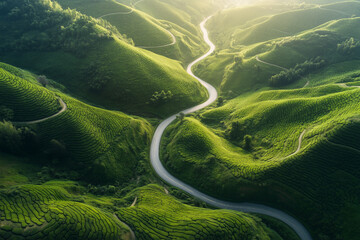 Beautiful road through the green tea plantation in the mountains