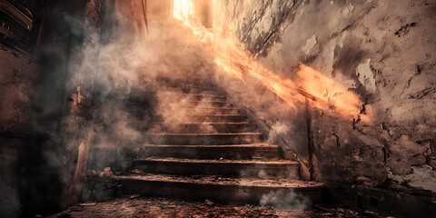 Mysterious Staircase with Smoke and Light in Abandoned Building