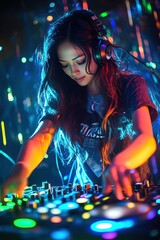 female EDM dj playing colorful music in colorful electricity, colorful lightning 