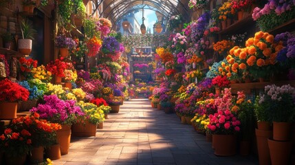 Fototapeta premium A vibrant and colorful flower market with a variety of flowers in pots, arranged in rows along the pathway.