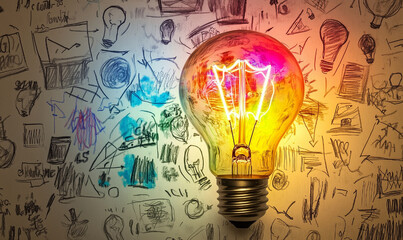 Light bulb on a background with doodles of a business plan, innovation, and creative idea concept