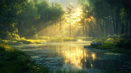Obraz premium Golden Sunlight Illuminates a Tranquil Forest River