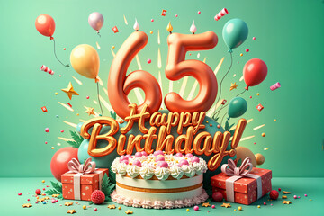 65th birthday card. Vibrant and colorful birthday celebration, featuring a large cake with the number 65 on it, surrounded by balloons and gifts.
