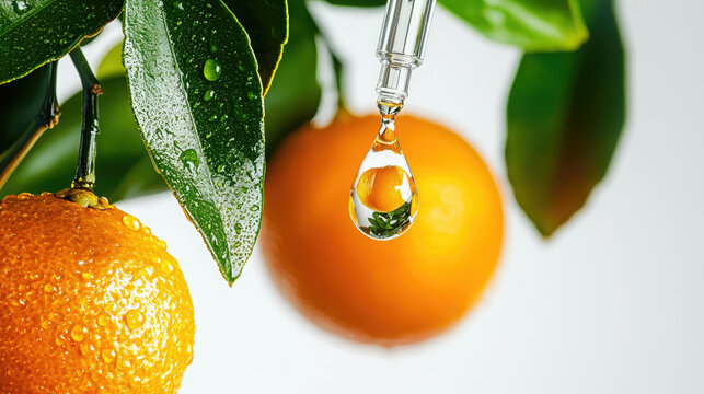 orange drop from pipette on white background, vitamin C, cosmetology, liquid, citrus, serum, juice, cosmetics, medicine