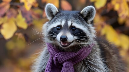 Obraz premium Playful raccoon with scarf and lively eyes in autumn, smiling and laughing