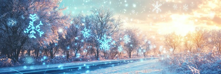 winter snowflakes falling with digital data on a frosty forest scene