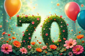 70th birthday card. Vibrant and colorful celebration with balloons, flowers, and a large, green number 70 prominently displayed against a backdrop of a forest or garden.