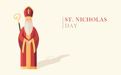 Happy Saint Nicholas day greeting card, invitation. Winter web banner with Sinterklaas, man with beard, mitre red coat. Beige background. Flat design vector illustration. Czech, Slovak, Dutch