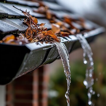 close-up of a worker cleaning a rooftop gutter clogged with colorful autumn leaves, with water cascading down