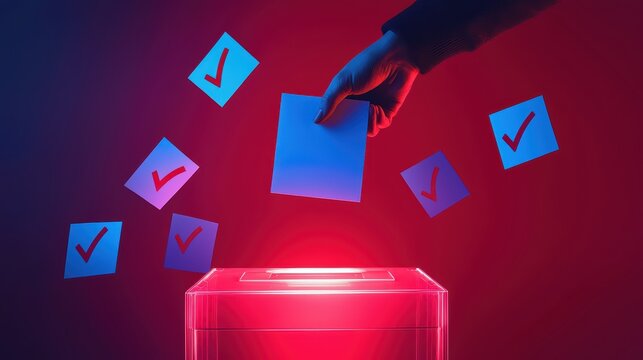 A hand placing a ballot into a transparent voting box, illustrating the democratic process and civic engagement.