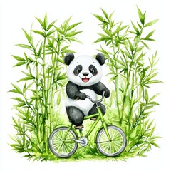 Obraz premium A playful panda riding a green bicycle among lush bamboo. Cheerful and whimsical illustration.