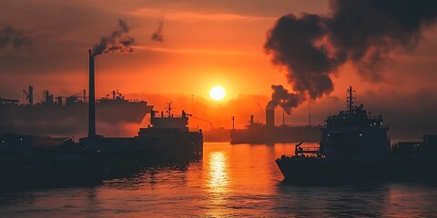 Obraz premium Industrial Sunset, Silhouette of Ships and Smoke Stacks Against a Dramatic Sky