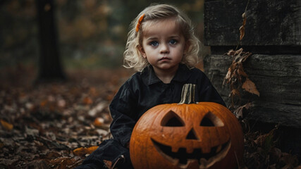 little child with pumpkin in the jungle