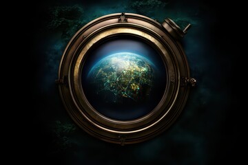 Fototapeta premium An artistic view of Earth through a porthole, merging the beauty of space and science in vibrant colors and intricate details.