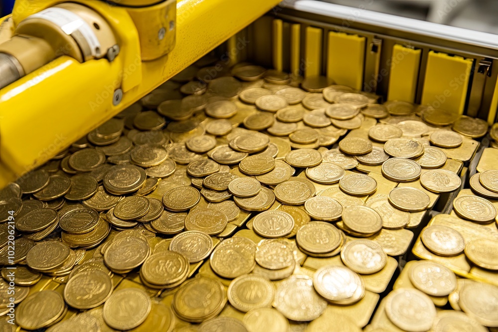 Wall mural pile of gold coins in a processing machine.