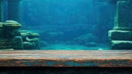 Ancient ruins submerged underwater with a rustic wooden surface in the foreground.