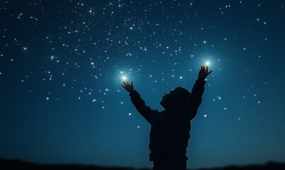 Child reaching for stars in the night sky