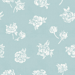 Roses. Flowers Seamless Vector White Blue Pattern. Rose Flowers and Leaves.  Monochrome Vintage Floral Background. 