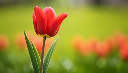 Fototapeta premium red tulip on green background