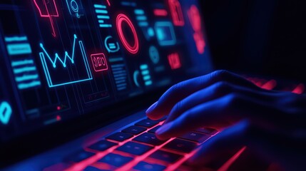 Close-up of hands typing on a laptop with futuristic digital graphics in red and blue lighting.